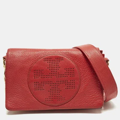 Pre-owned Tory Burch Perforated Logo Flap Red Leather Crossbody Bag