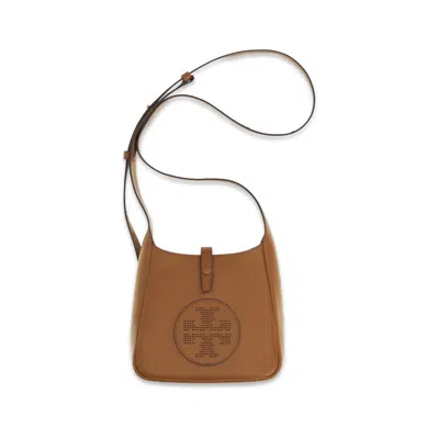 Tory Burch Perforated Logo Pebbled Calf Leather Crossbody Bag In Brown