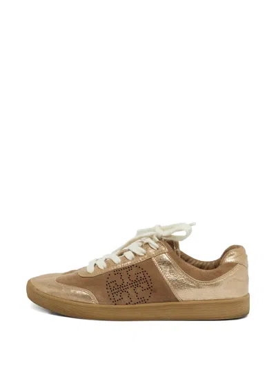 Pre-owned Tory Burch Perforated-logo Sneakers In Brown