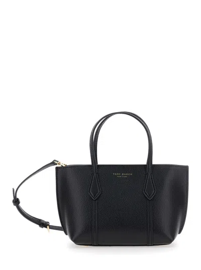 TORY BURCH 'PERRY' BLACK HANDBAG WITH ADJUSTABLE AND REMOVABLE SHOULDER STRAP AND EMBOSSED LOGO LETTERING ON TH
