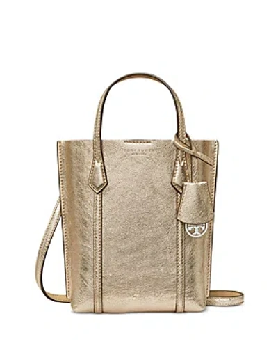 Tory Burch Perry Metallic Leather Mini North South Tote In Gold/gold
