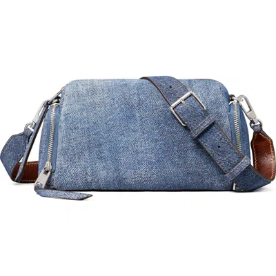 Tory Burch Perry Denim-print Suede Voyager Crossbody Bag In Blue