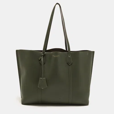 Pre-owned Tory Burch Perry Triple Compartment Large Green Leather Tote