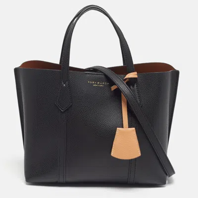Pre-owned Tory Burch Perry Triple-compartment Small Leather Tote In Black