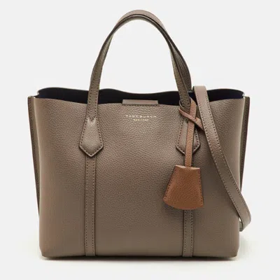 Pre-owned Tory Burch Perry Triple-compartment Small Taupe Leather Tote In Brown