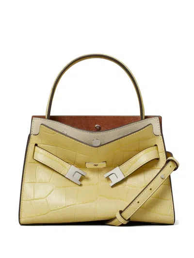 Tory Burch Petite Lee Radziwill Croc-embossed Double Bag In Gold