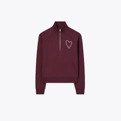Tory Burch Pick Stitch Heart French Terry Sweatshirt In Burgundy