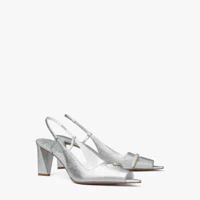Tory Burch Pierced Peep-toe Slingback In Bright Silver/silver