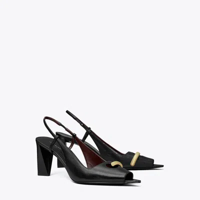 Tory Burch Pierced Peep-toe Slingback In Perfect Black/gold