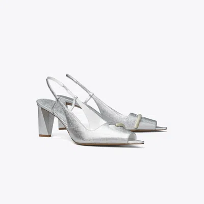 Tory Burch Pierced Peep-toe Slingback In Silver