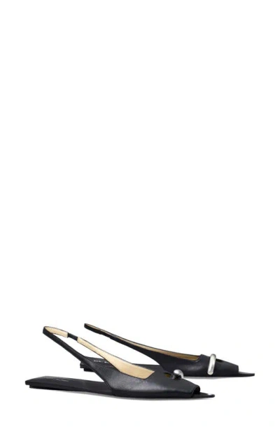 Tory Burch Pierced Slingback Open Toe Flat In Perfect Black / Silver