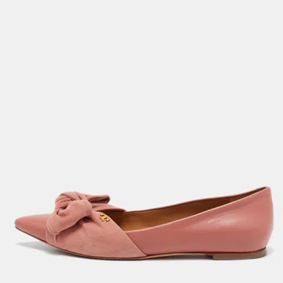 Pre-owned Tory Burch Pink Leather And Suede Knotted Bow Ballet Flats Size 37.5
