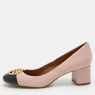 Pre-owned Tory Burch Pink Leather Patent Leather Chelsea Block Heel Pumps 40