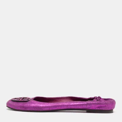 Pre-owned Tory Burch Pink Metallic Leather Reva Scrunch Ballet Flats Size 41