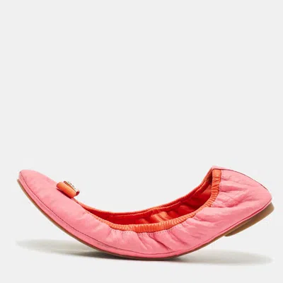Pre-owned Tory Burch Pink/orange Leather Bow Scrunch Ballet Flats Size 38.5