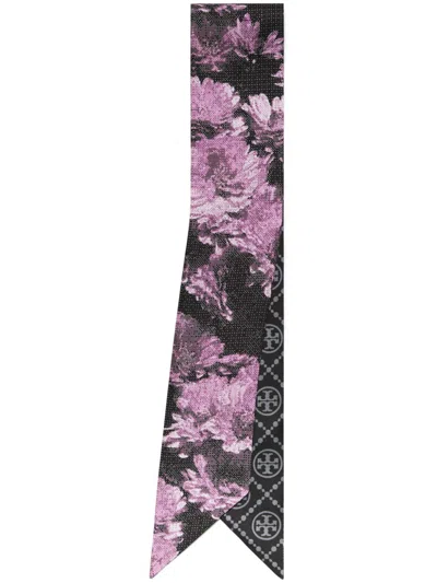 Tory Burch Pixel Flower-print Tie Scarf In Purple