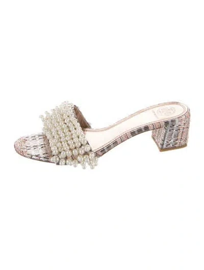 Pre-owned Tory Burch Plaid Print Beaded Accents Slides In Silver