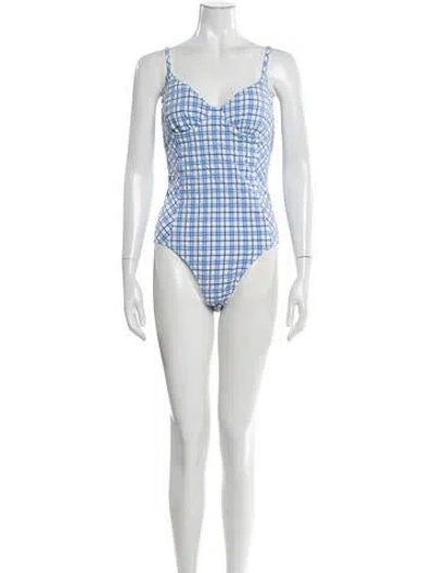 Pre-owned Tory Burch Plaid Print Embroidered Accent One-piece W/ Tags In Blue