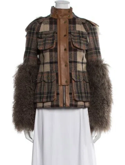 Pre-owned Tory Burch Plaid Print Jacket In Brown/neutrals