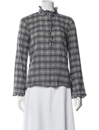 Pre-owned Tory Burch Plaid Print Long Sleeve Blouse In White