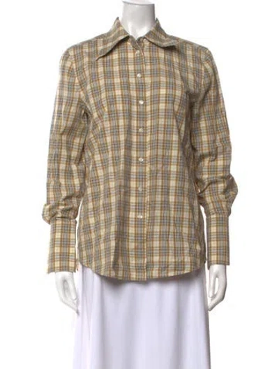 Pre-owned Tory Burch Plaid Print Long Sleeve Button-up Top In Neutrals
