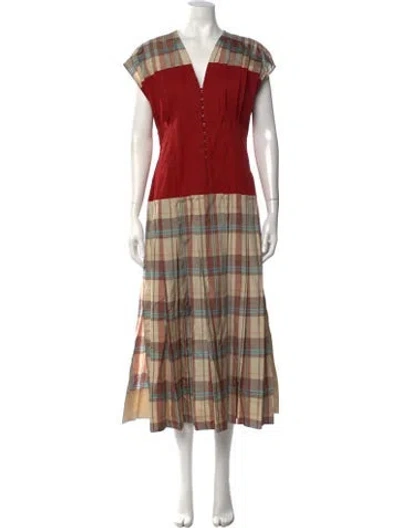 Pre-owned Tory Burch Plaid Print Midi Length Dress In Metallic/neutrals/red