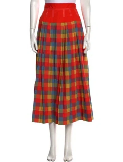 Pre-owned Tory Burch Plaid Print Midi Length Skirt In Orange/red