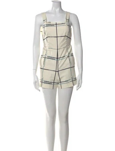 Pre-owned Tory Burch Plaid Print Square Neckline Romper In Neutral