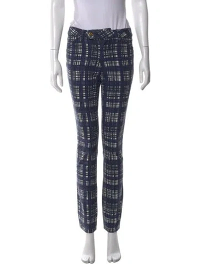 Pre-owned Tory Burch Plaid Print Straight Leg Pants In Blue