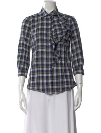 Pre-owned Tory Burch Plaid Print Three-quarter Sleeve Blouse In Blue