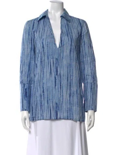 Pre-owned Tory Burch Plaid Print V-neck Blouse In Blue