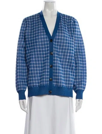 Pre-owned Tory Burch Plaid Print V-neck Sweater In Blue