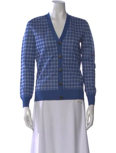 Pre-owned Tory Burch Plaid Print V-neck Sweater In Blue