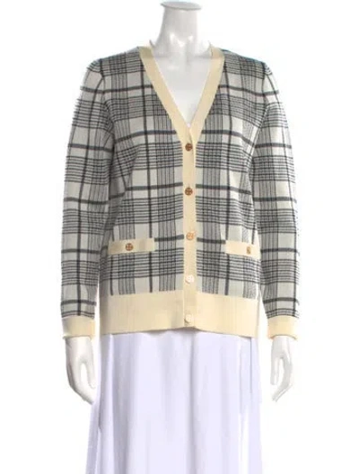 Pre-owned Tory Burch Plaid Print V-neck Sweater In Neutral