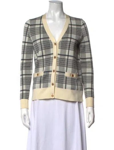 Pre-owned Tory Burch Plaid Print V-neck Sweater In Neutrals