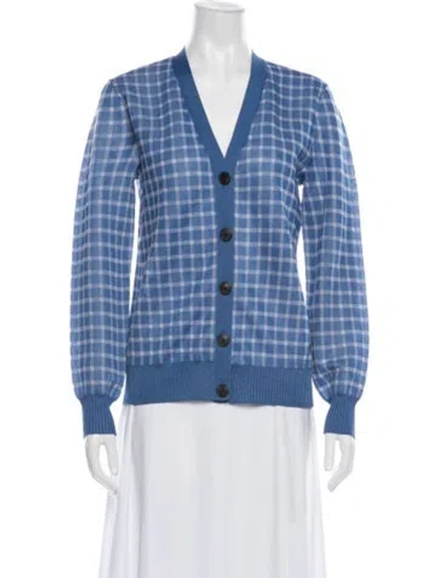 Pre-owned Tory Burch Plaid Print V-neck Sweater W/ Tags In Blue