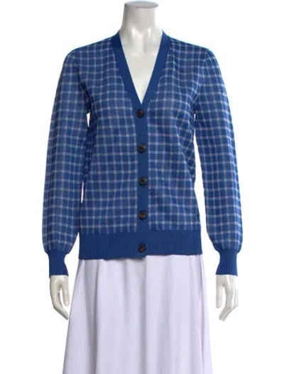 Pre-owned Tory Burch Plaid Print V-neck Sweater W/ Tags In Blue