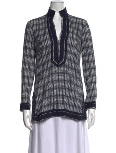 Pre-owned Tory Burch Plaid Print V-neck Tunic In Blue