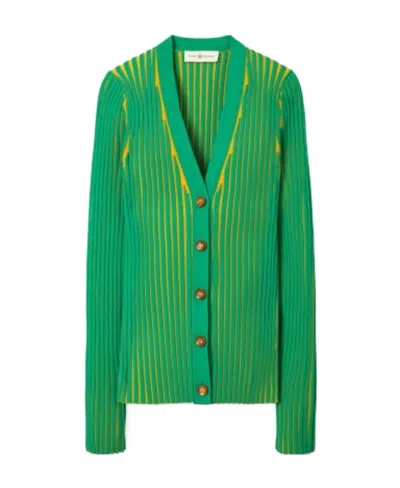Tory Burch Plaited-rib Two-tone Cardigan In Green