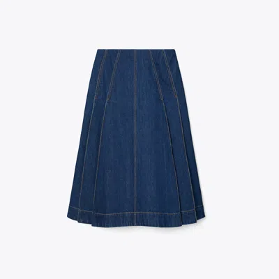 Tory Burch Pleated Denim Skirt In Blue