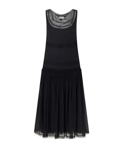 Tory Burch Pleated Lace-trimmed Silk-georgette Midi Dress In Black