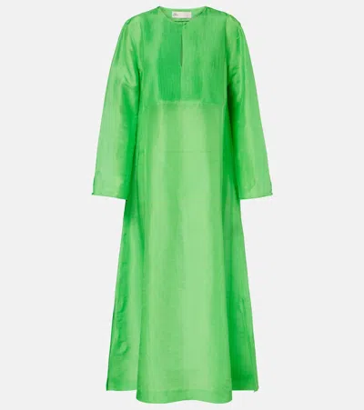 Tory Burch Pleated Linen And Silk Kaftan In Green