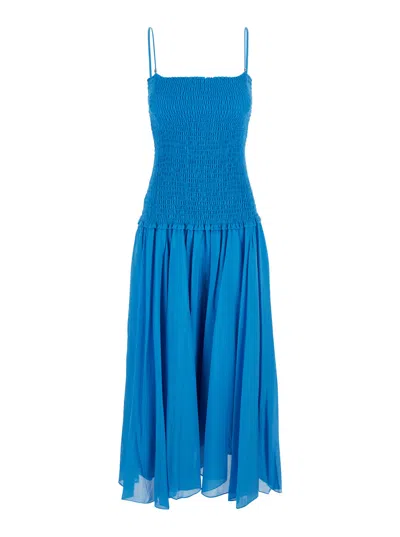 Tory Burch Pleated Long Dress With Square Neck And Thin Straps In Blue