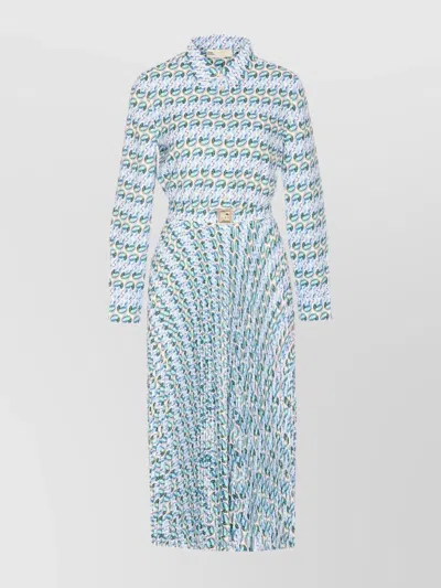 Tory Burch Pleated Regular Collar Belted Waist Dress In Blue