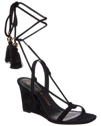 Tory Burch Plisse Suede Wedge Sandal In Black