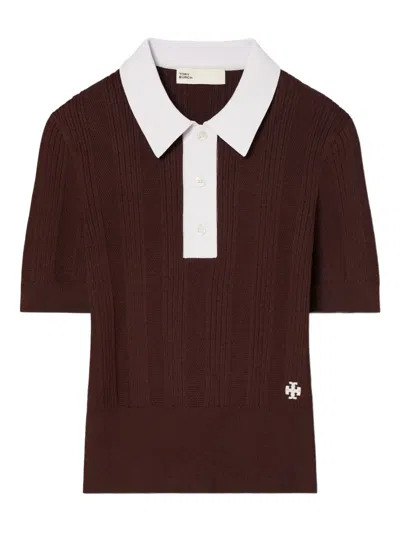 Tory Burch Pointelle Polo Sweater In Brown