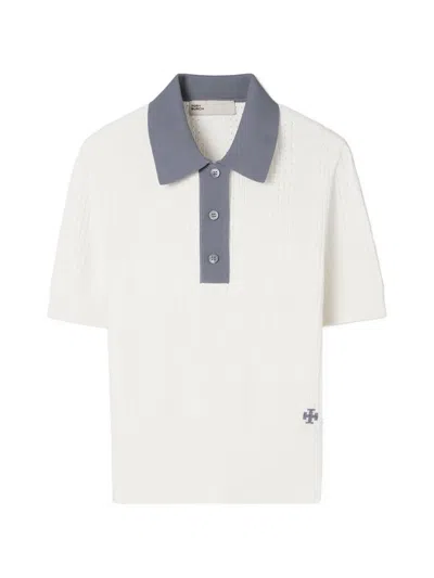 Tory Burch Pointelle-knit Polo Top In White
