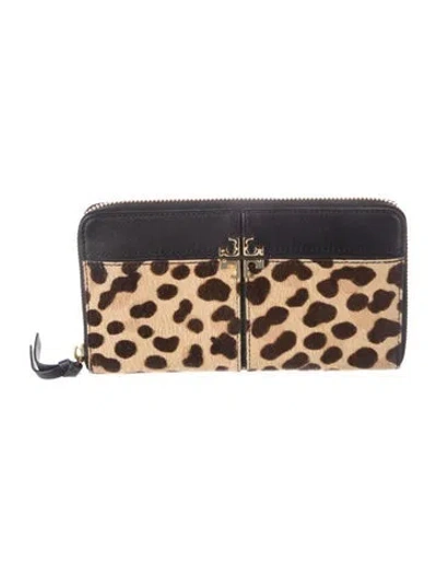 Pre-owned Tory Burch Ponyhair Animal Print Continental Wallet In Black