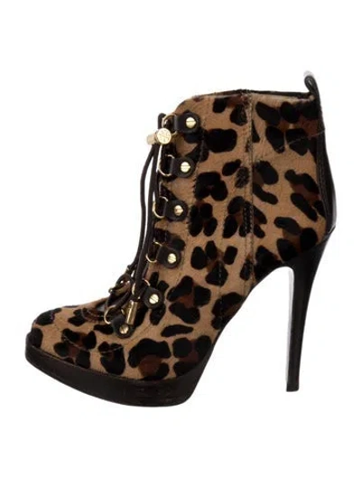 Pre-owned Tory Burch Ponyhair Animal Print Lace-up Boots In Brown