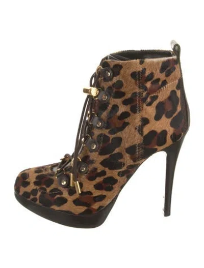 Pre-owned Tory Burch Ponyhair Animal Print Lace-up Boots In Neutral